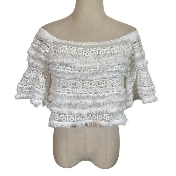 ALEXIS Valetin Crochet Fringe Off The Shoulder Crop Top in White - Picture 6 of 12